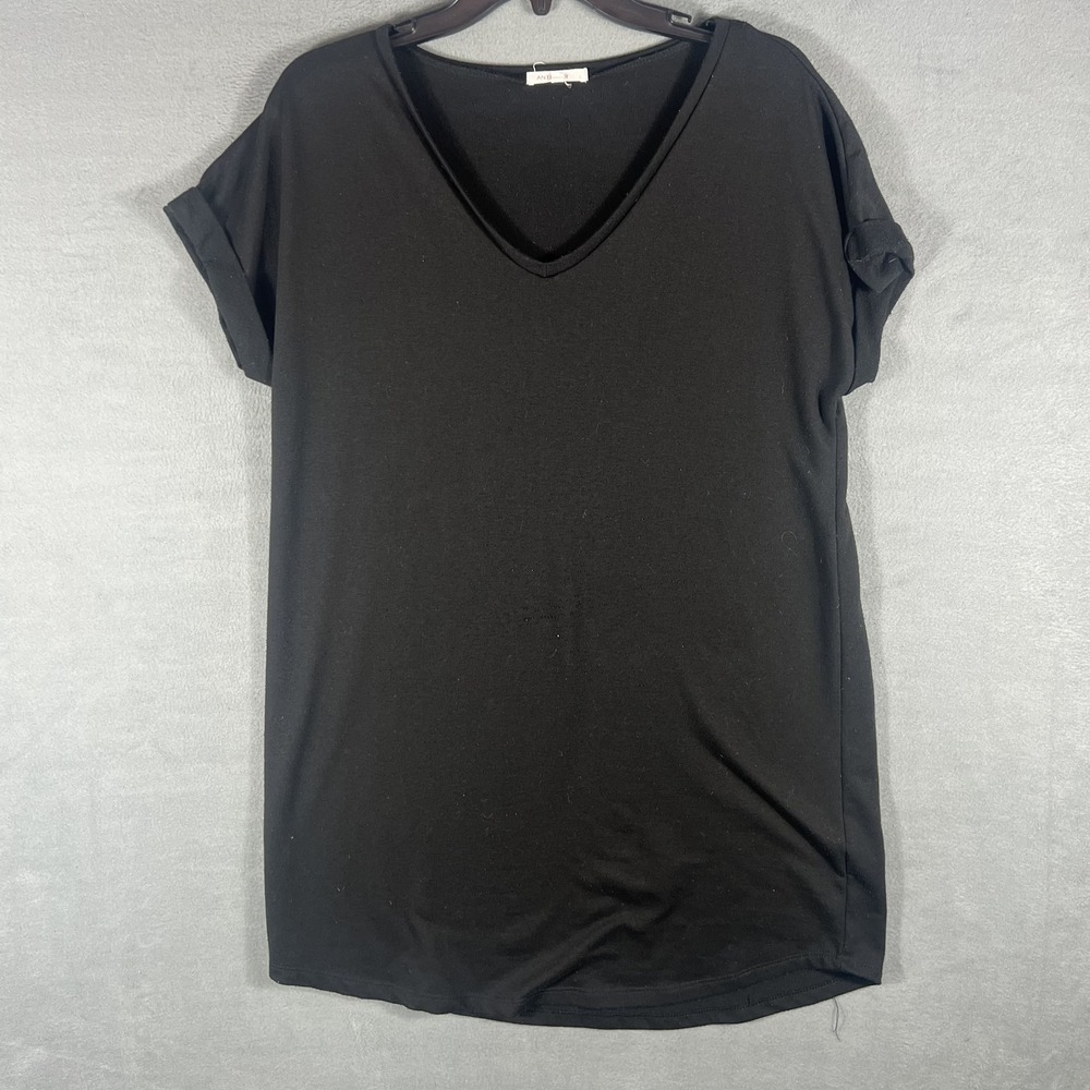 ANTISTAR Women's Black V-Neck Rolled Sleeve Tunic Top Size L Relaxed Fit